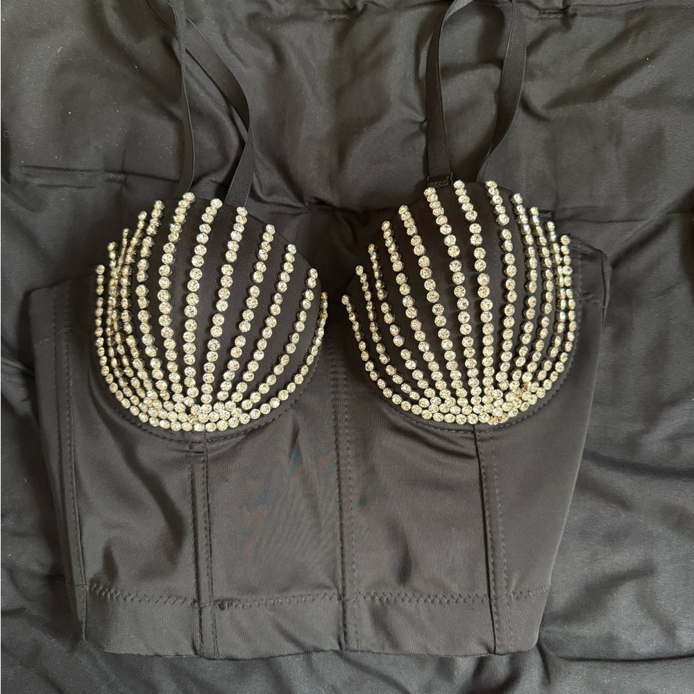 French Kyss Black Bustier with Rhinestone Details